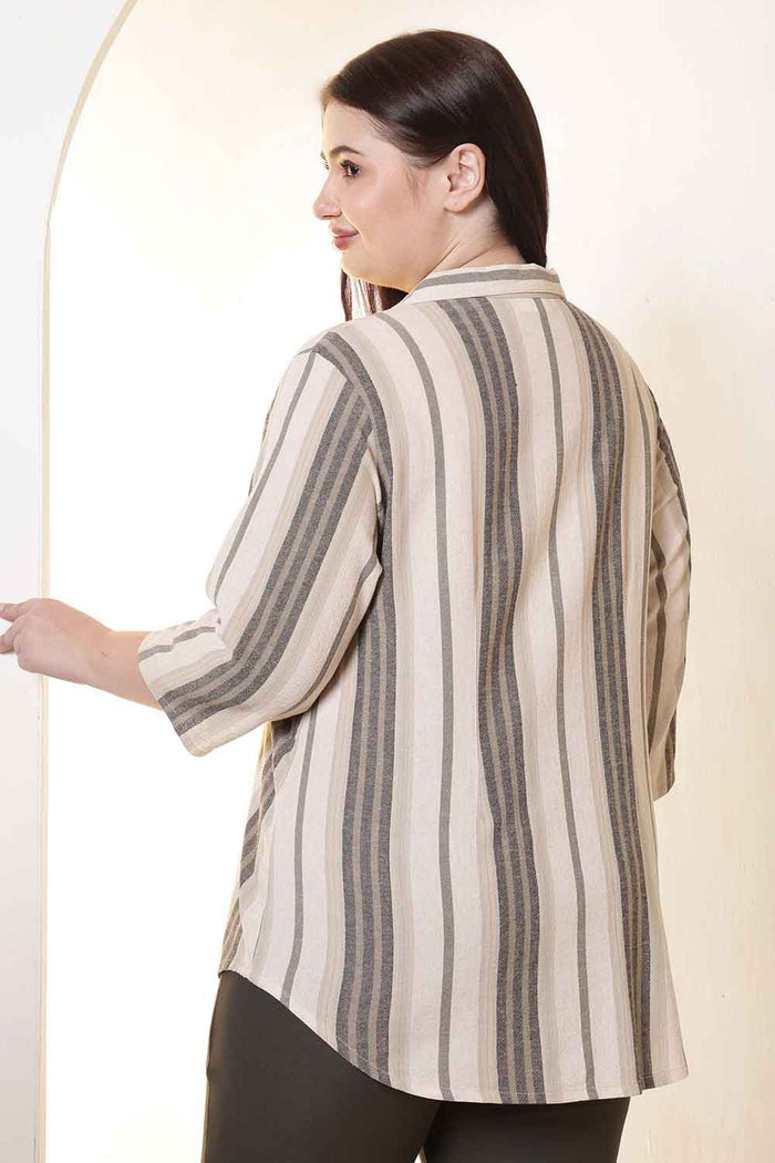 Plus Size Olive Striped Cuban Collar Cotton Shirt