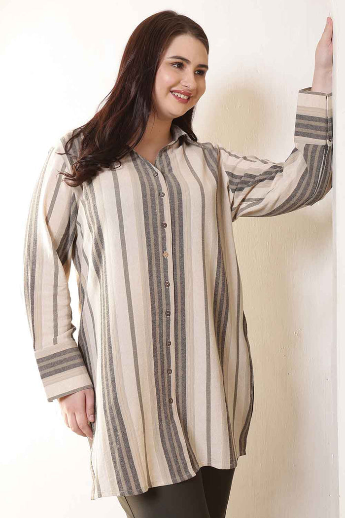 Plus Size Olive Striped High Slit Styled Cuff Cotton Shirt