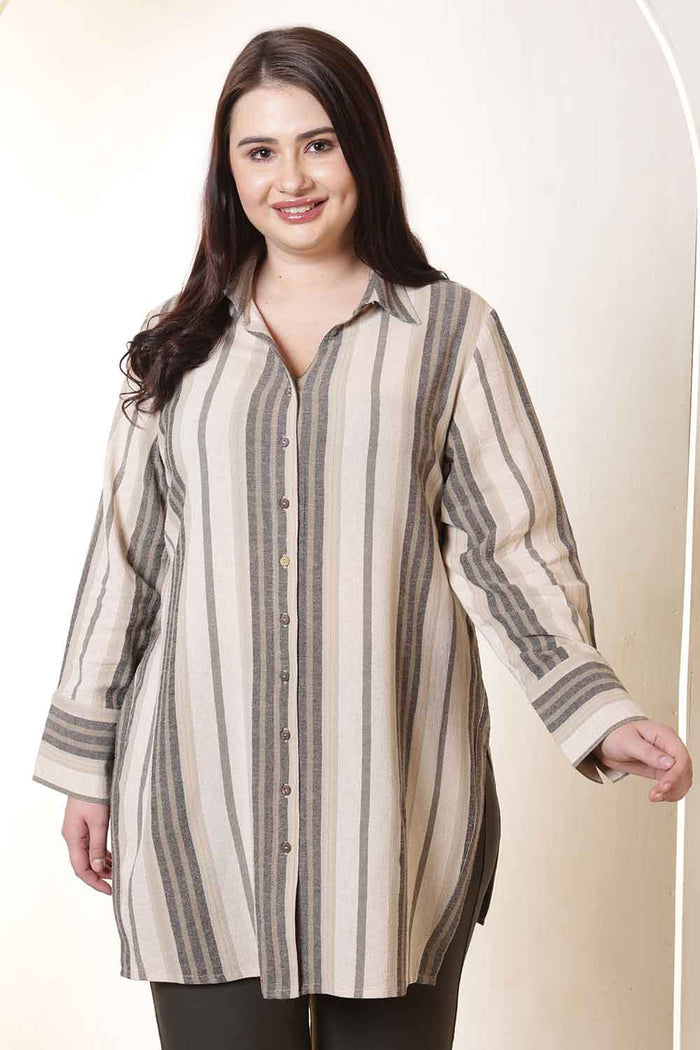 Plus Size Olive Striped High Slit Styled Cuff Cotton Shirt