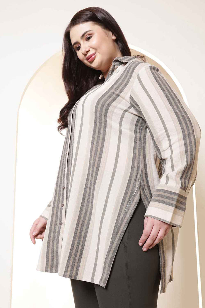 Plus Size Olive Striped High Slit Styled Cuff Cotton Shirt