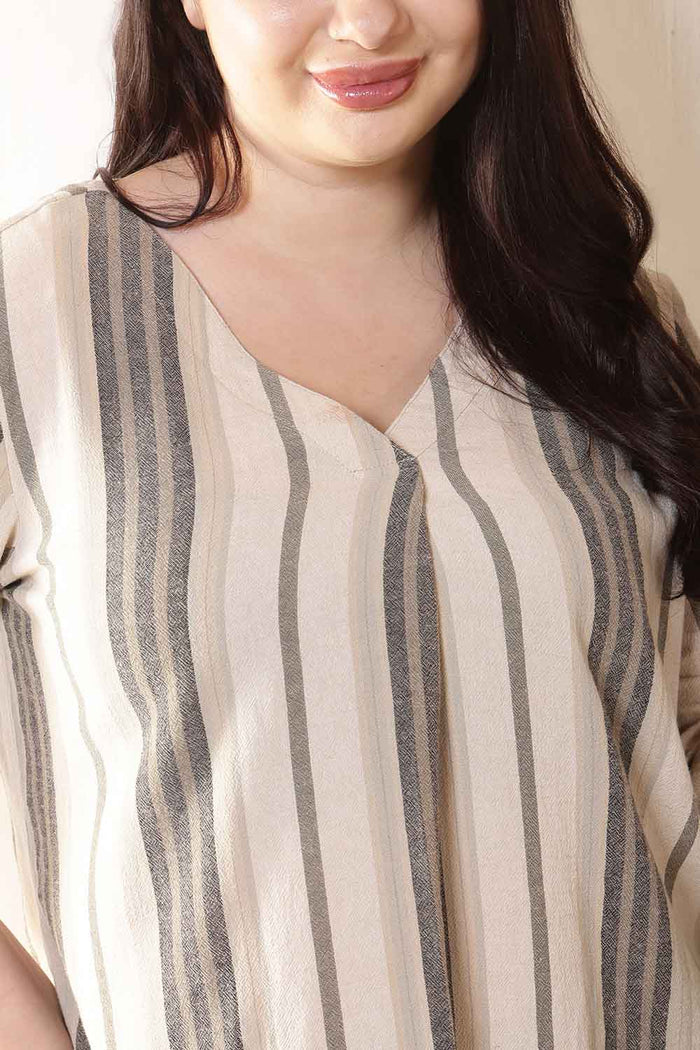 Plus Size Olive Striped V-Neck Cotton Top