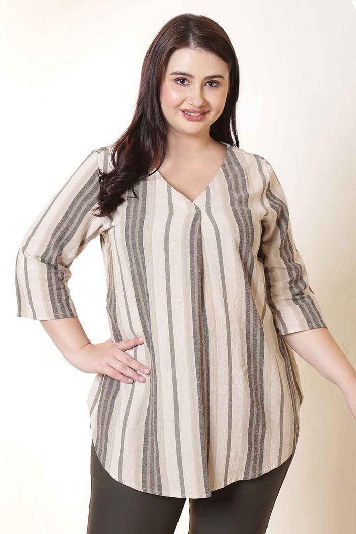Plus Size Olive Striped V-Neck Cotton Top