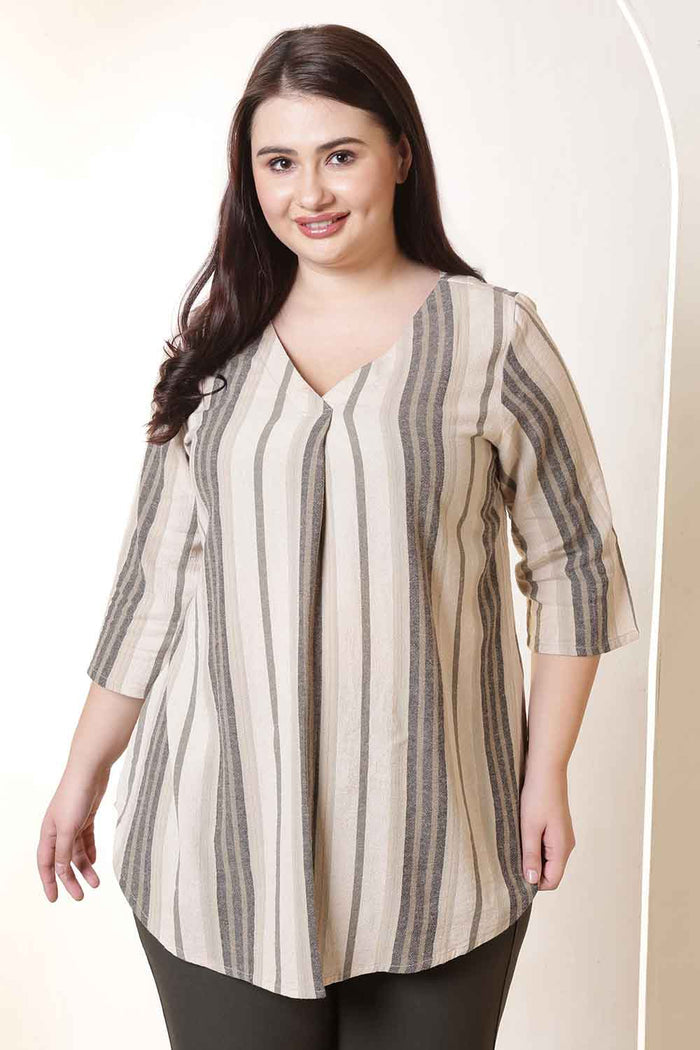 Plus Size Olive Striped V-Neck Cotton Top