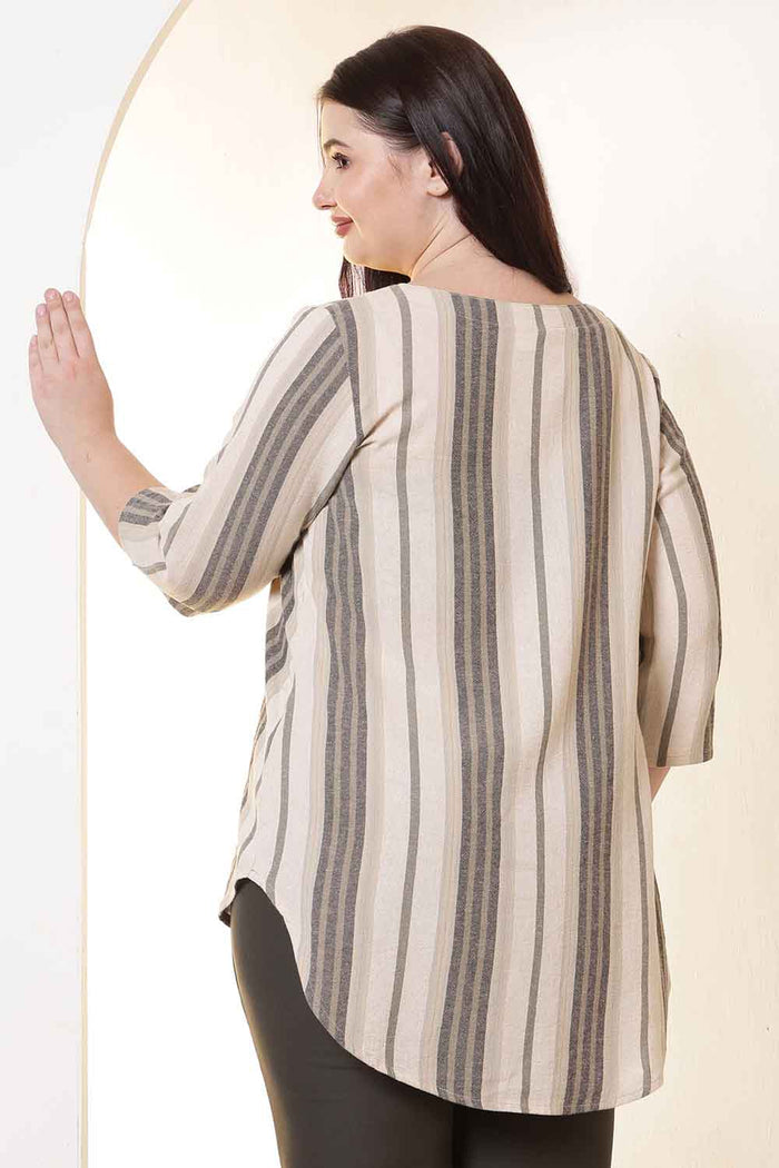 Plus Size Olive Striped V-Neck Cotton Top