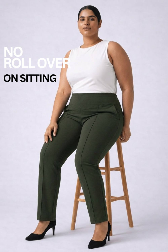 Plus Size Olive Tummy Shaper Straight Fit Pants