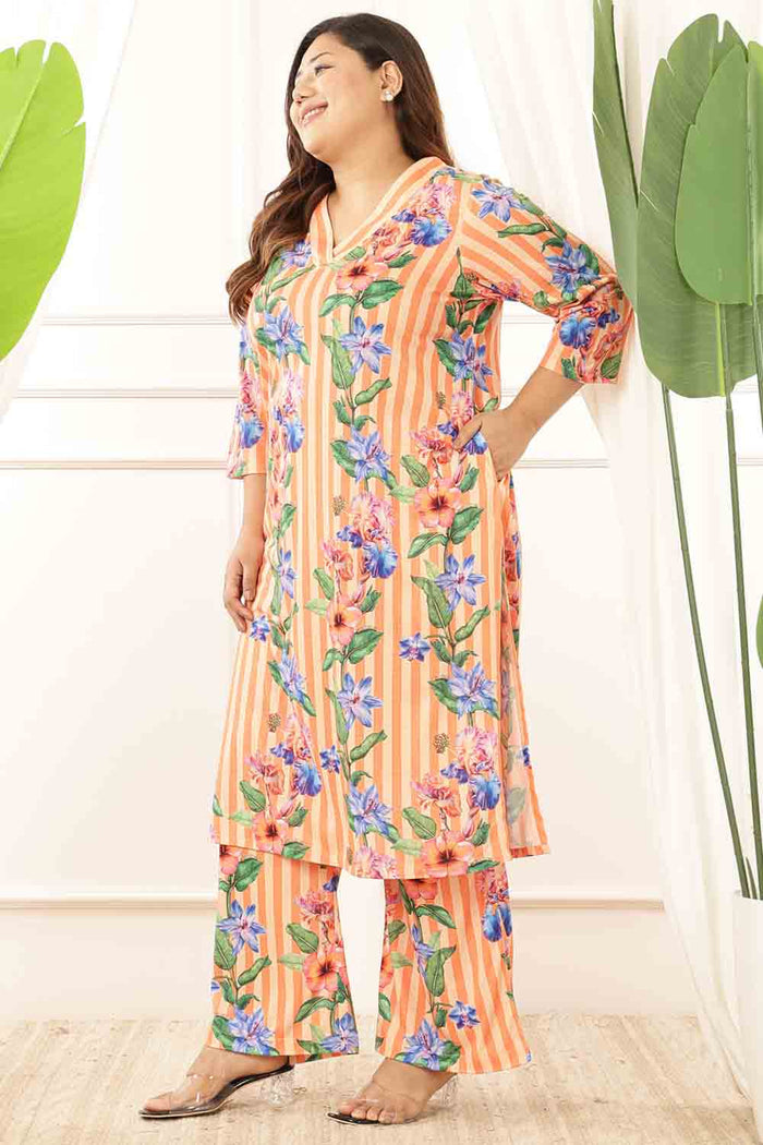 Plus Size Orange Floral Stripes Kurta Coord Set
