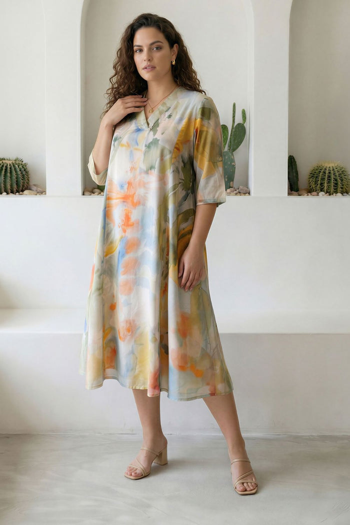 Plus Size Pastel Abstract Print Cotton Midi Dress