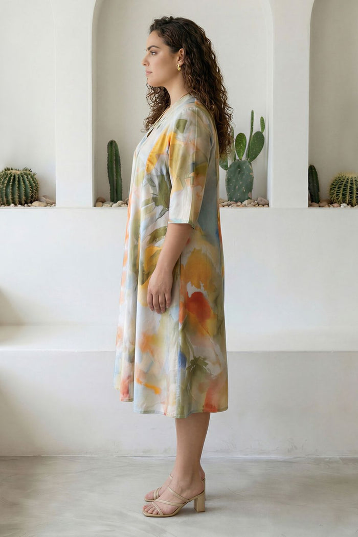 Plus Size Pastel Abstract Print Cotton Midi Dress