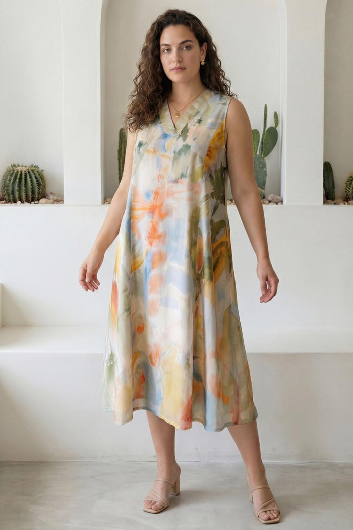 Plus Size Pastel Abstract Print Sleeveless Cotton Midi Dress