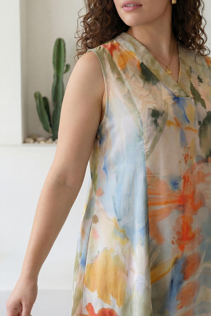 Plus Size Pastel Abstract Print Sleeveless Cotton Midi Dress
