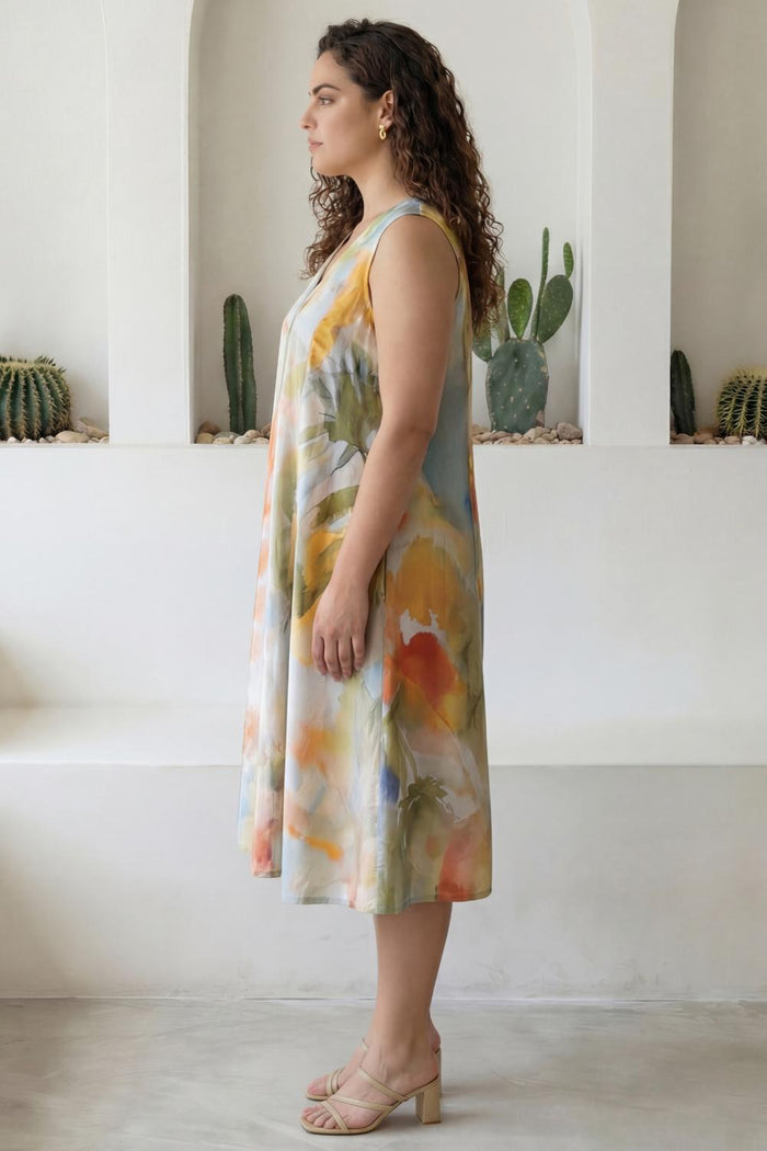 Plus Size Pastel Abstract Print Sleeveless Cotton Midi Dress