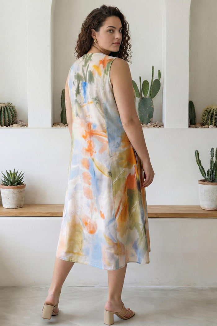 Plus Size Pastel Abstract Print Sleeveless Cotton Midi Dress