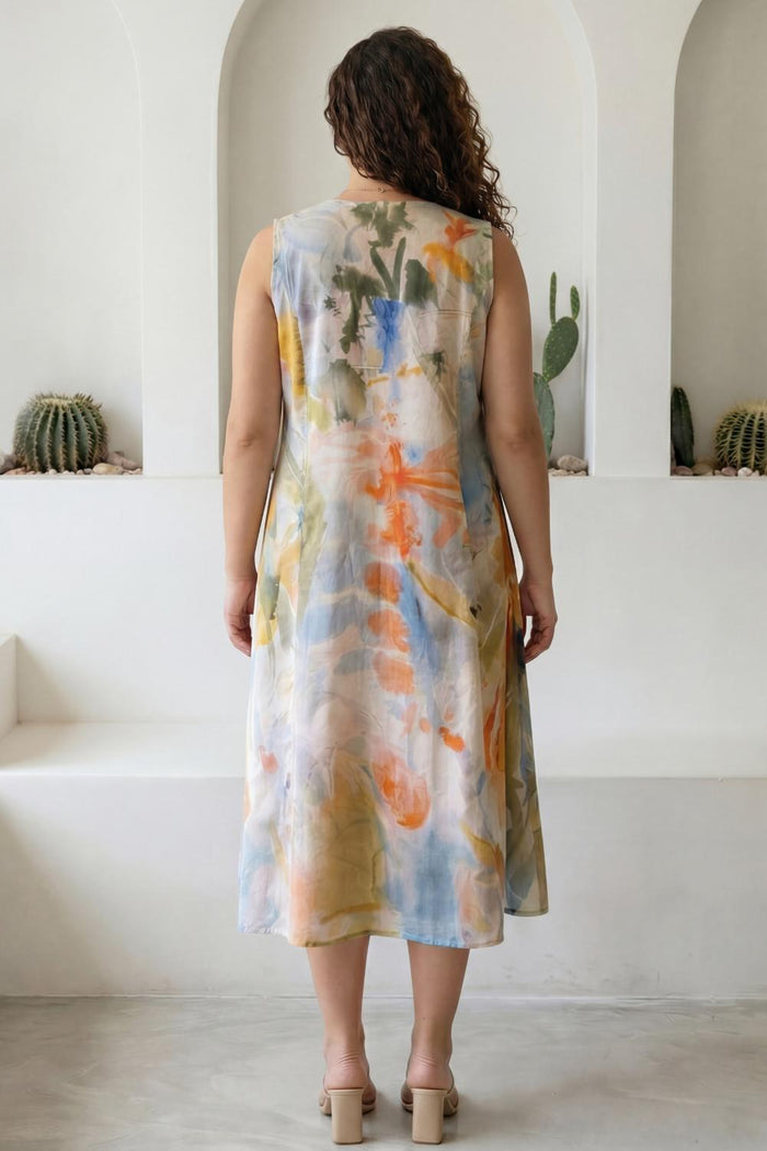 Plus Size Pastel Abstract Print Sleeveless Cotton Midi Dress