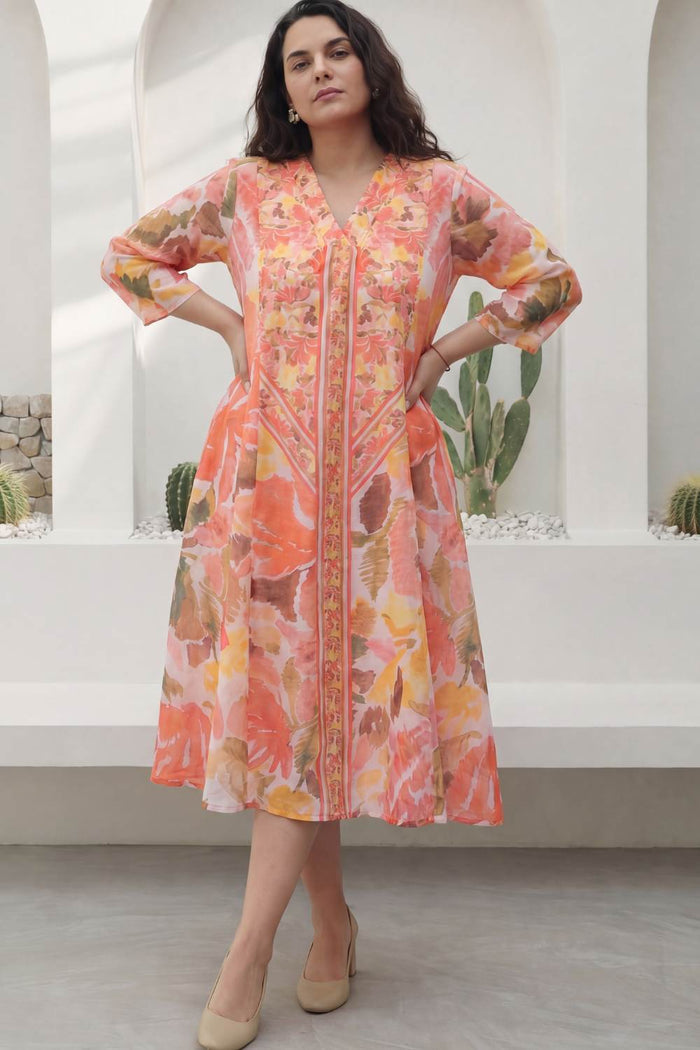 Plus Size Peach Coral Floral Print Cotton Midi Dress