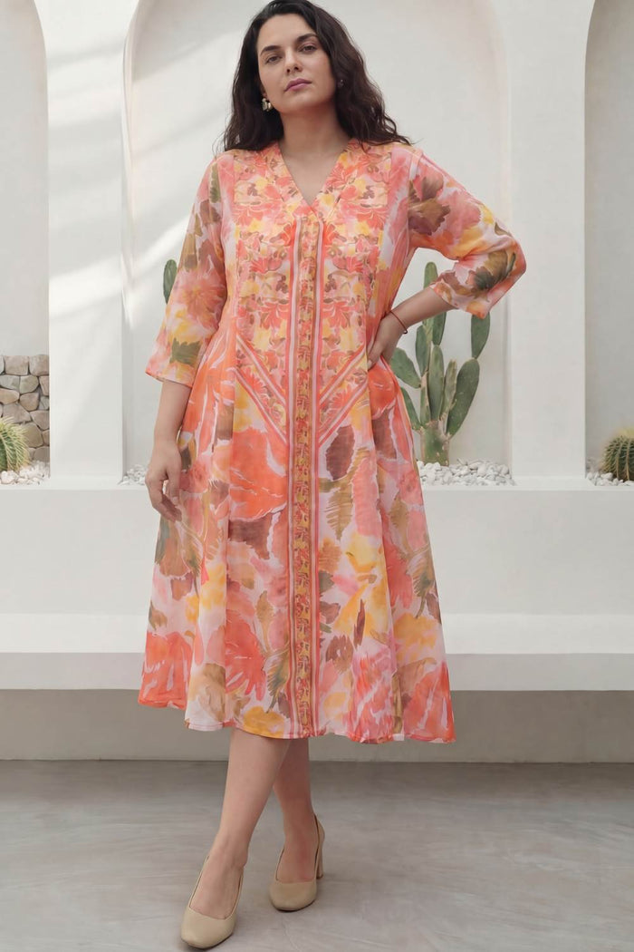 Plus Size Peach Coral Floral Print Cotton Midi Dress
