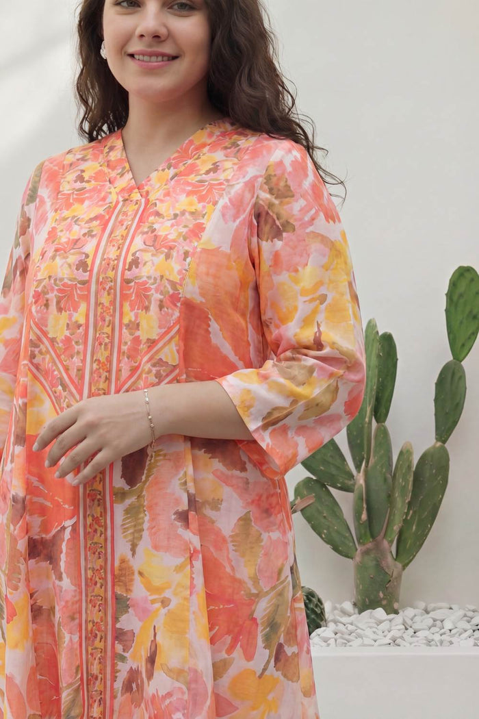 Plus Size Peach Coral Floral Print Cotton Midi Dress