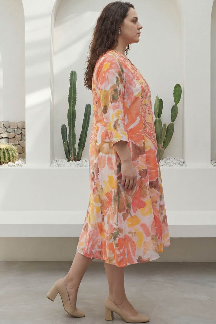 Plus Size Peach Coral Floral Print Cotton Midi Dress