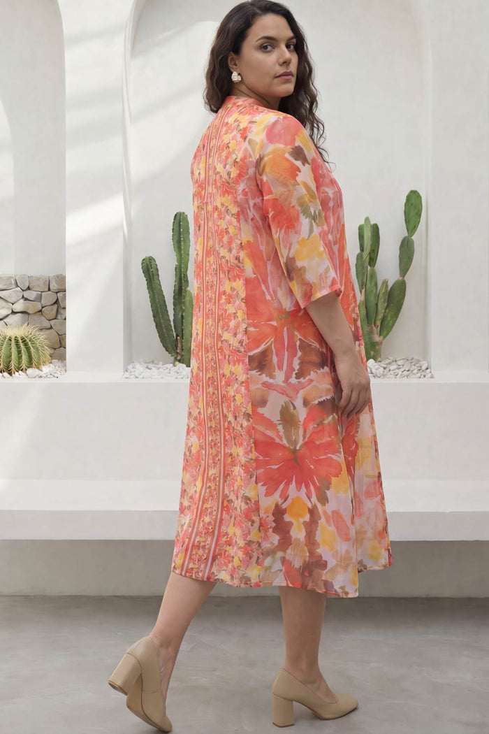 Plus Size Peach Coral Floral Print Cotton Midi Dress
