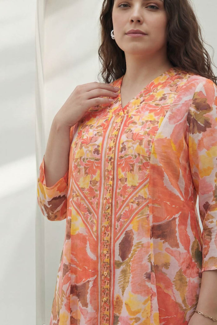 Plus Size Peach Coral Floral Print Cotton Midi Dress