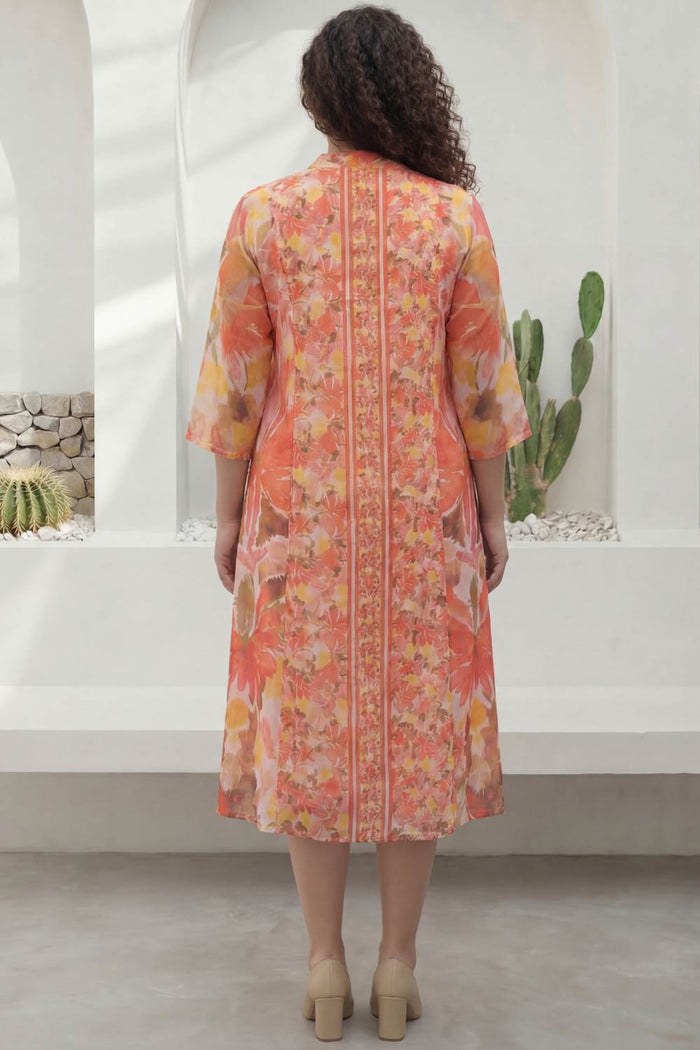 Plus Size Peach Coral Floral Print Cotton Midi Dress
