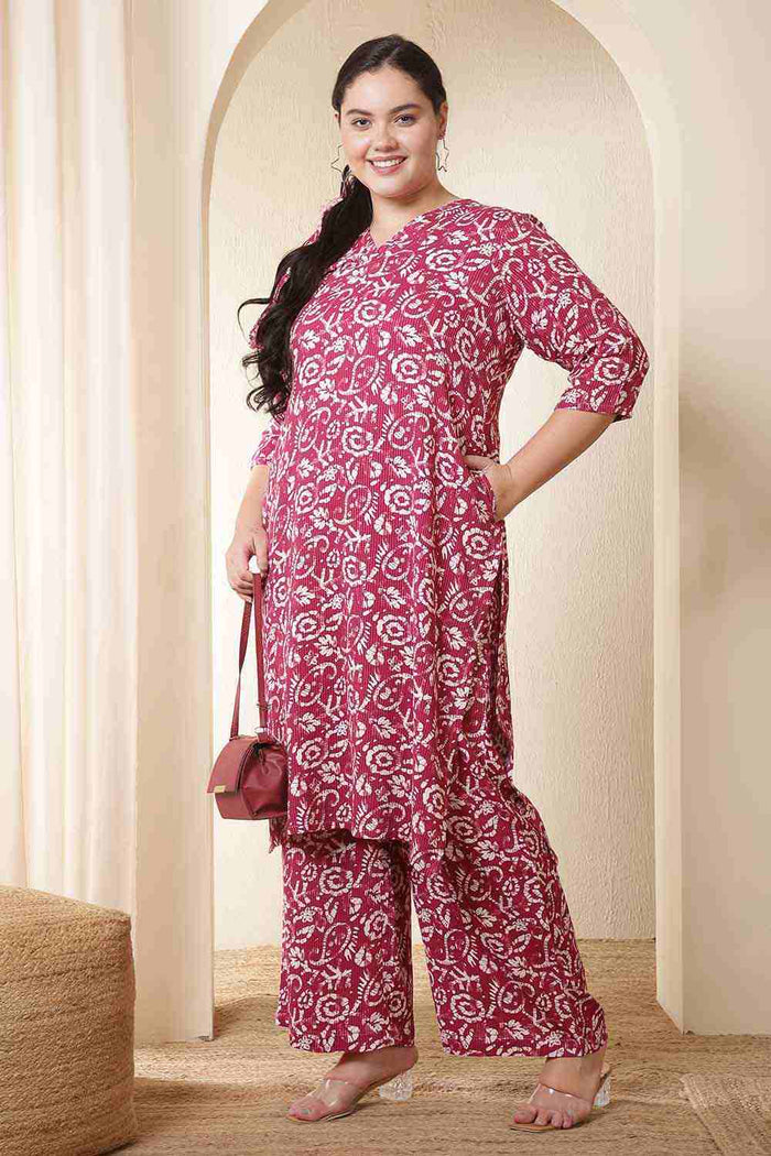 Plus Size Pink Batik Print Cotton Kurta Coord Set