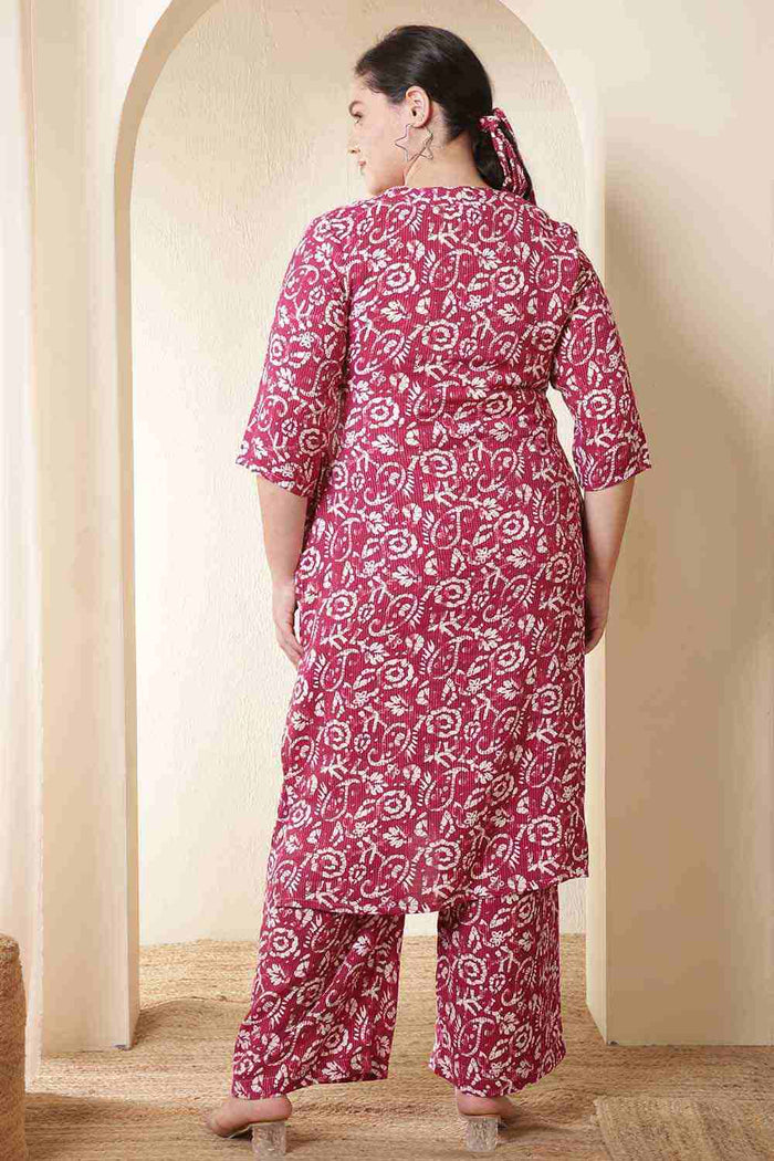 Plus Size Pink Batik Print Cotton Kurta Coord Set