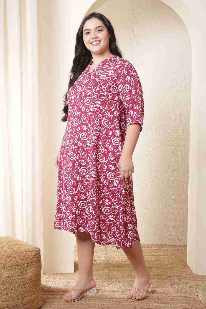 Plus Size Pink Batik Print Cotton Midi Dress