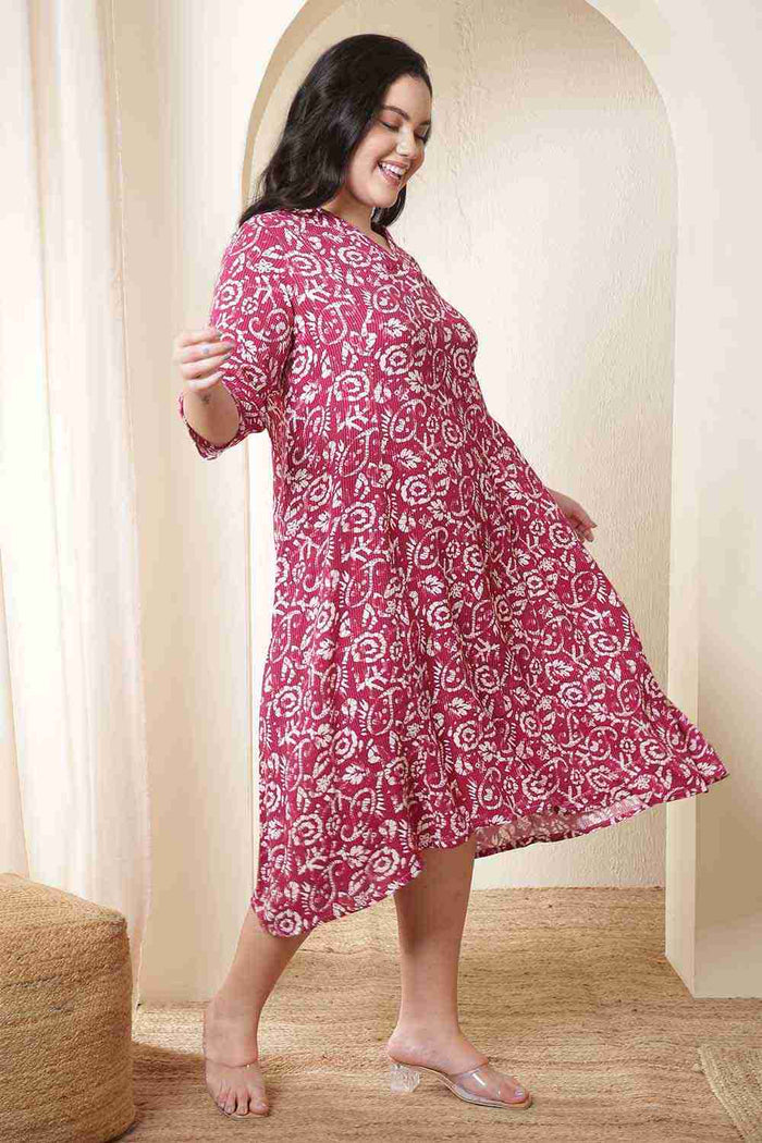 Plus Size Pink Batik Print Cotton Midi Dress