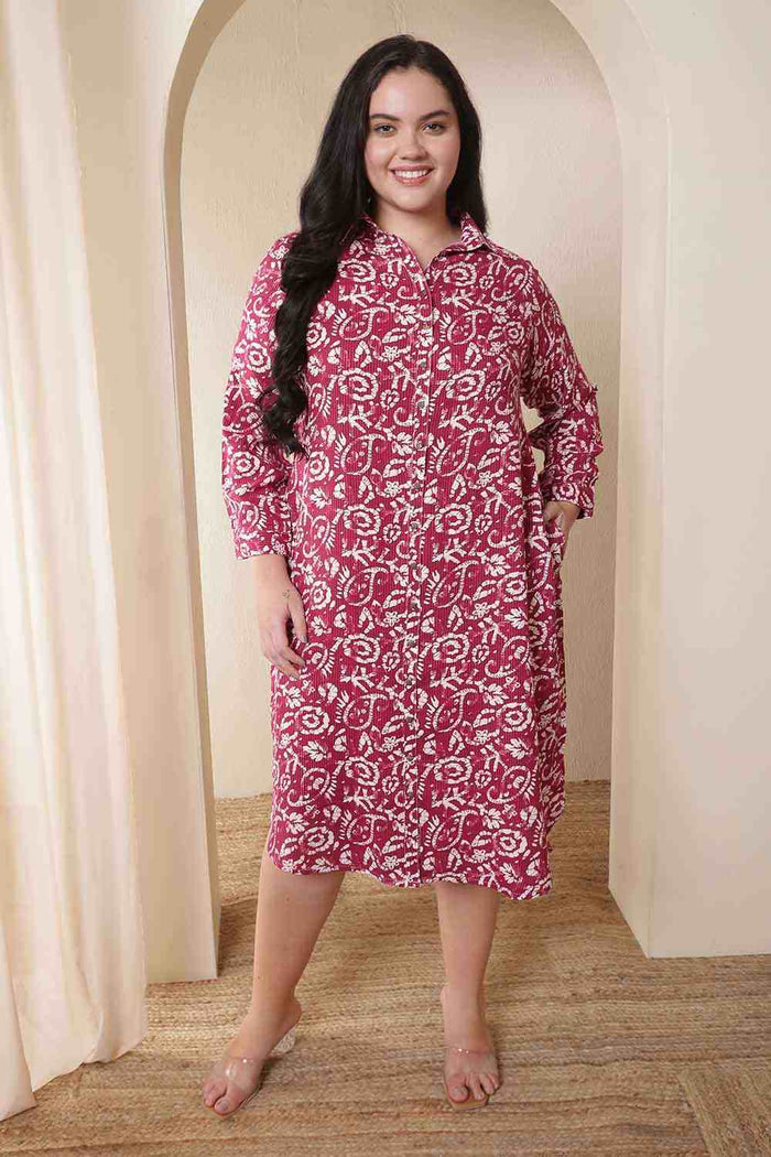 Plus Size Pink Batik Print Cotton Shirt Dress