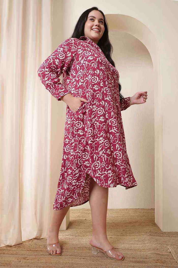 Plus Size Pink Batik Print Cotton Shirt Dress