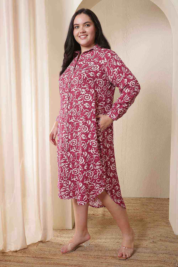 Plus Size Pink Batik Print Cotton Shirt Dress