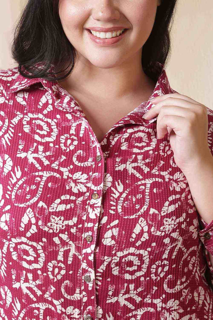 Plus Size Pink Batik Print Cotton Shirt Dress