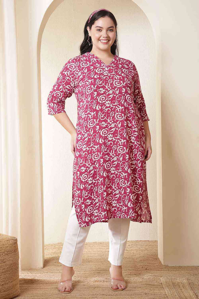 Plus Size Pink Batik Print Cotton V Neck Kurta