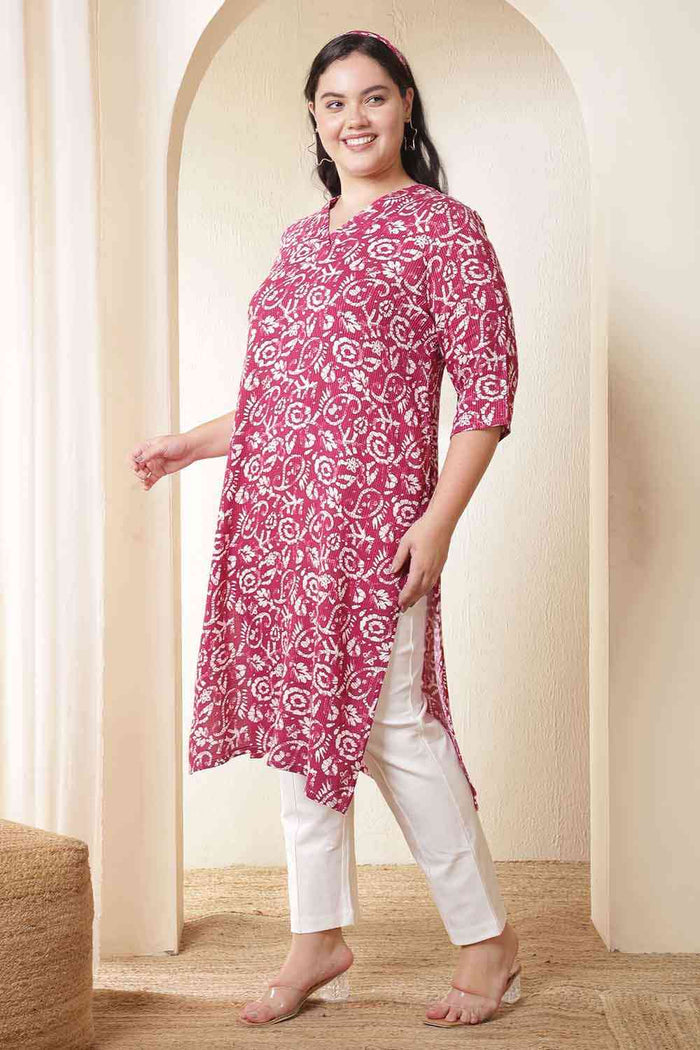 Plus Size Pink Batik Print Cotton V Neck Kurta
