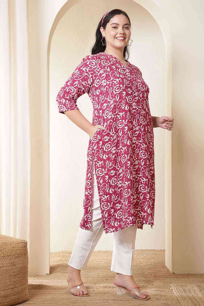 Plus Size Pink Batik Print Cotton V Neck Kurta