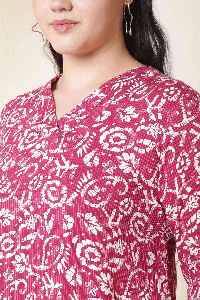 Plus Size Pink Batik Print Cotton V Neck Kurta