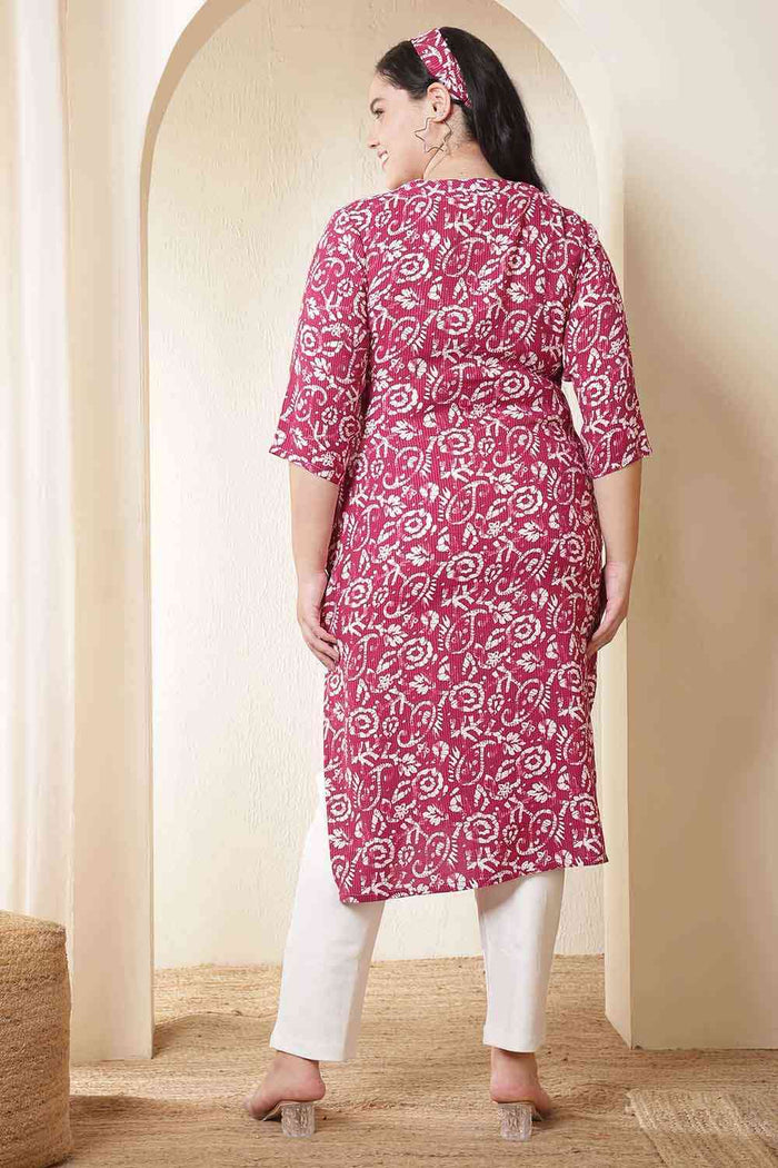Plus Size Pink Batik Print Cotton V Neck Kurta
