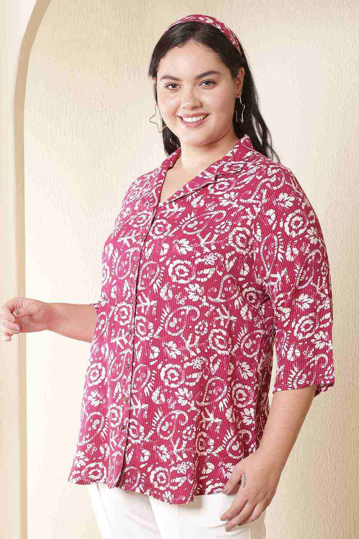 Plus Size Pink Batik Print Cuban Collar Cotton Shirt