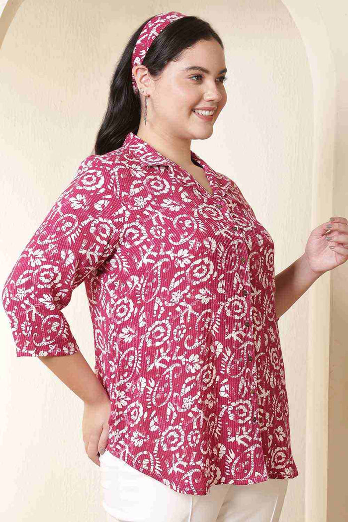 Plus Size Pink Batik Print Cuban Collar Cotton Shirt
