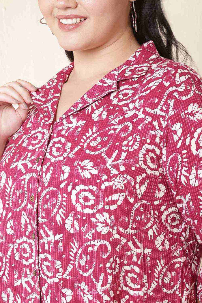 Plus Size Pink Batik Print Cuban Collar Cotton Shirt