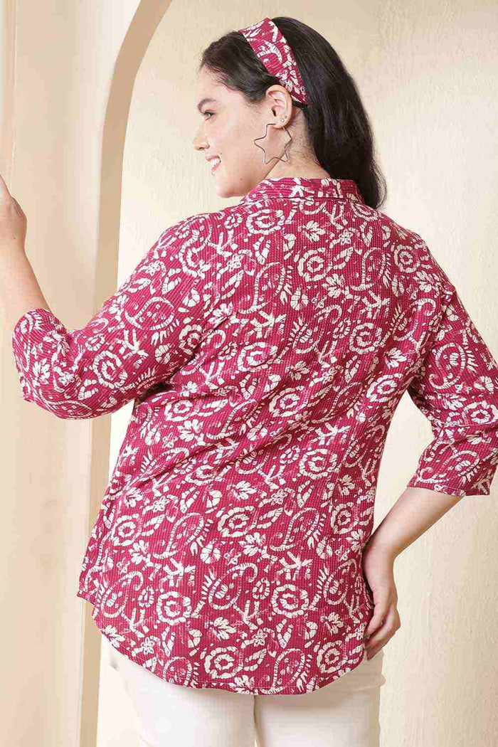 Plus Size Pink Batik Print Cuban Collar Cotton Shirt