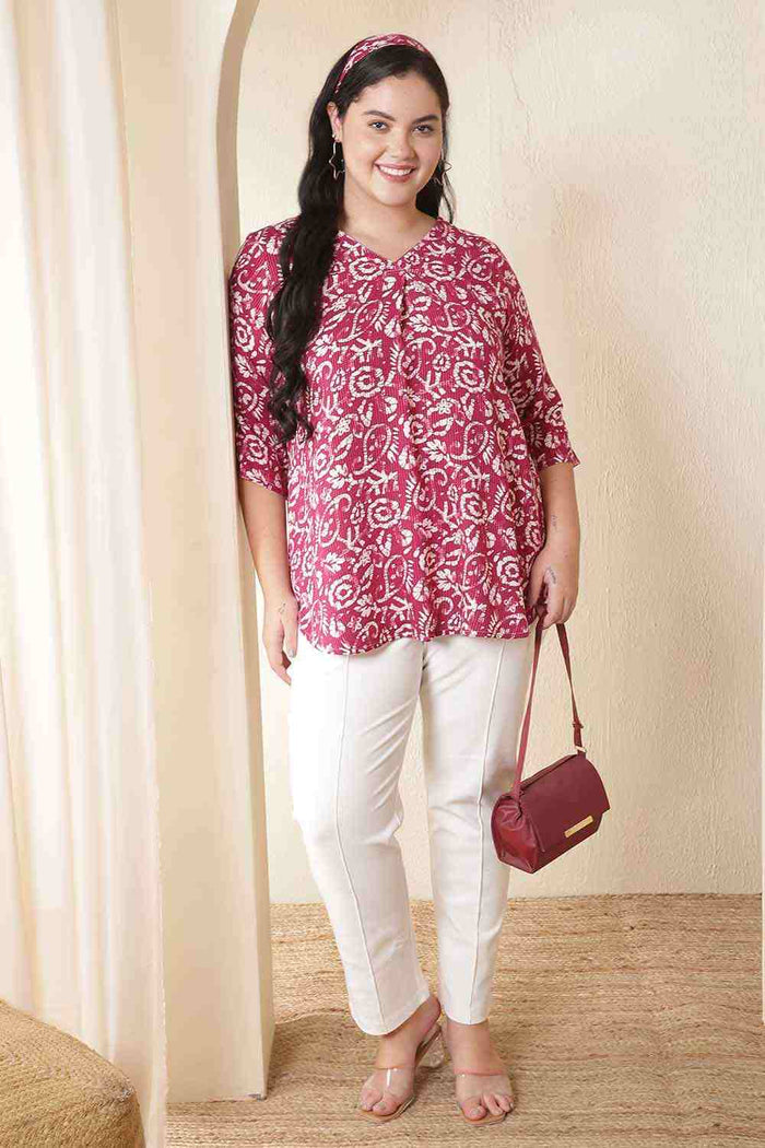 Plus Size Pink Batik Print V-Neck Cotton Top