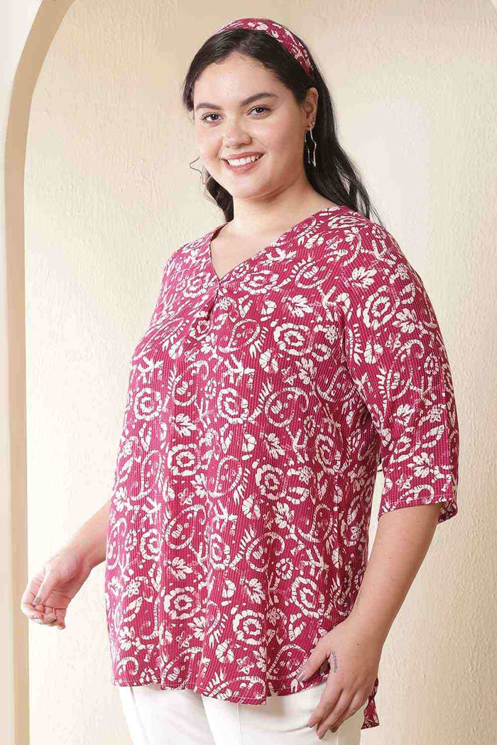 Plus Size Pink Batik Print V-Neck Cotton Top