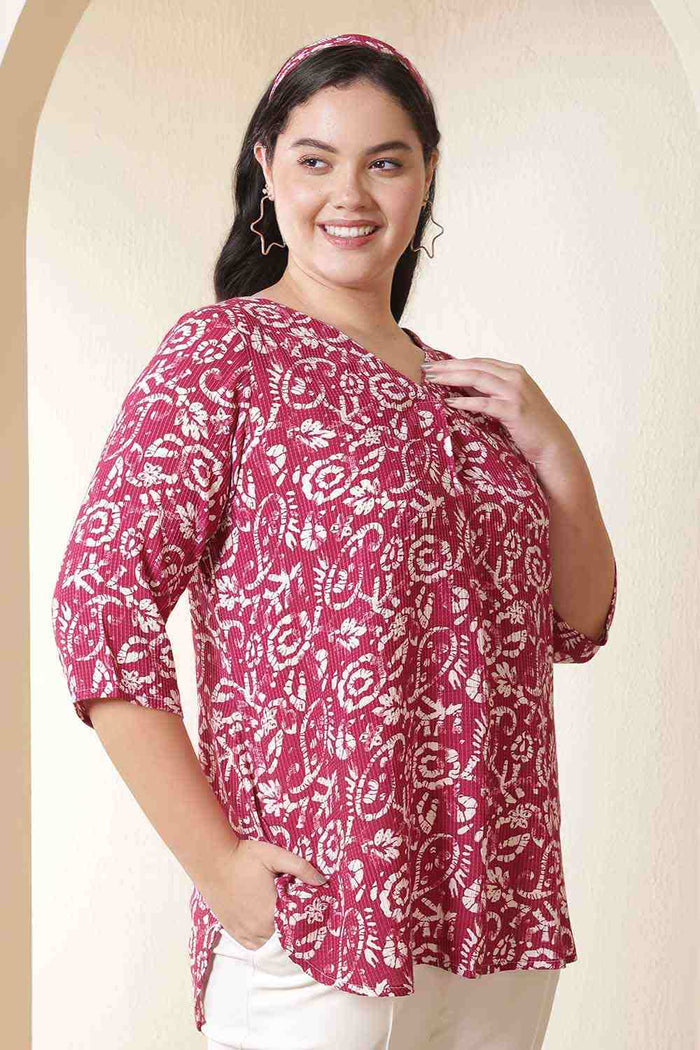 Plus Size Pink Batik Print V-Neck Cotton Top