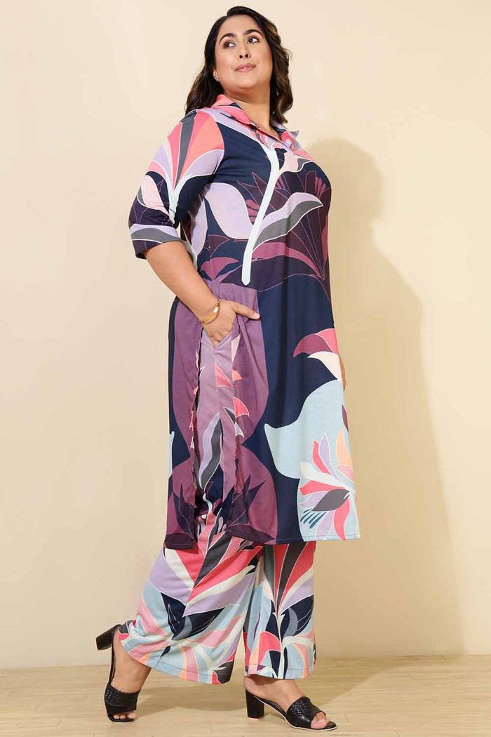 Plus Size Pink Blue Print Co-ord Set