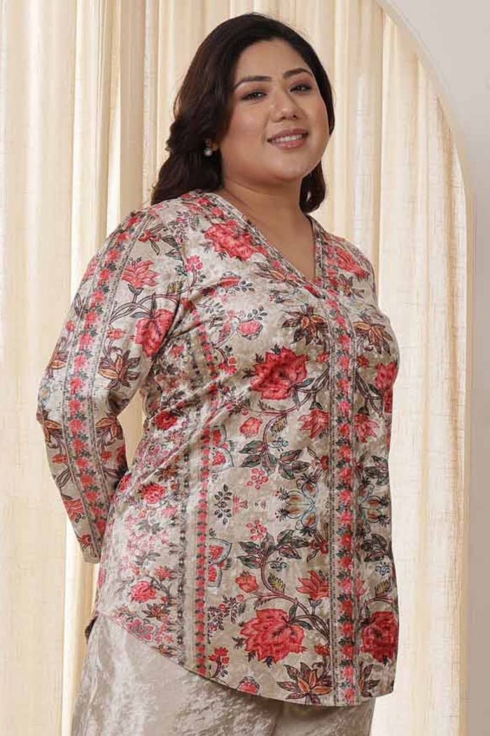 Plus Size Pink Ethnic Floral Velvet Top