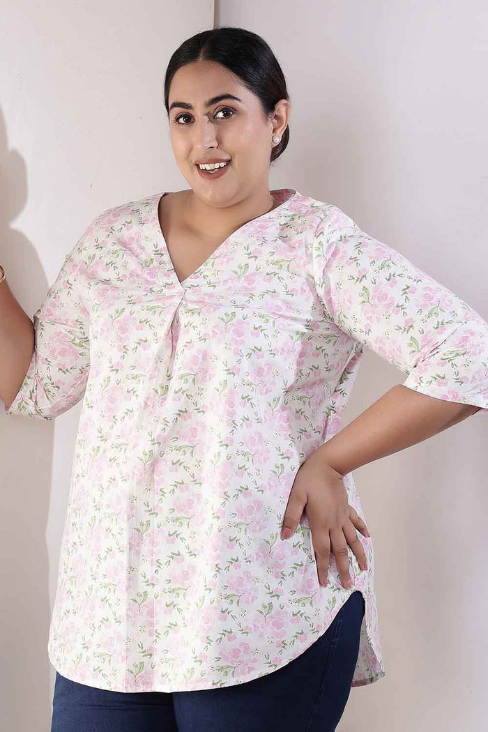 Plus Size Pink Floral Cotton V-Neck Top