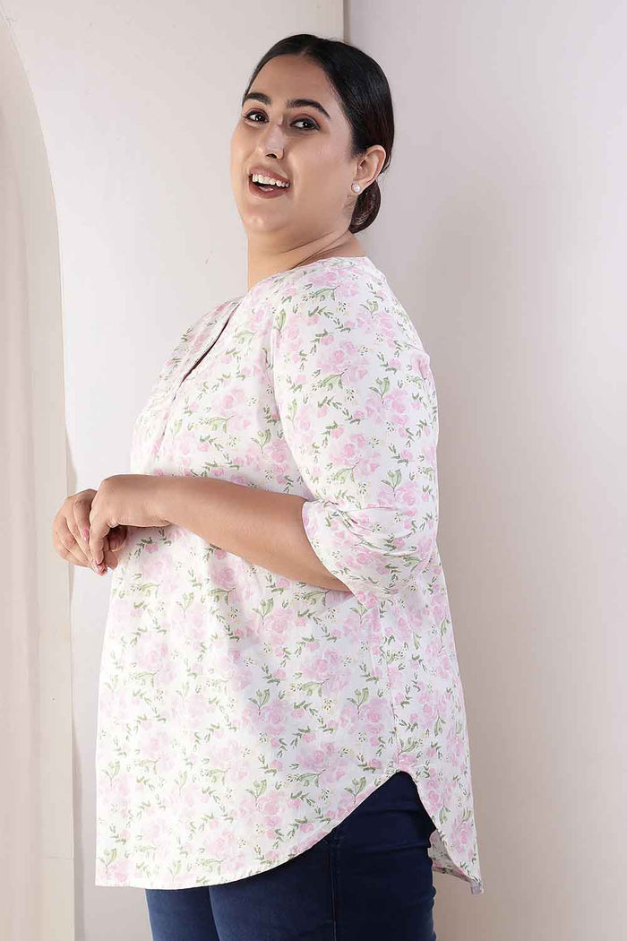 Plus Size Pink Floral Cotton V-Neck Top