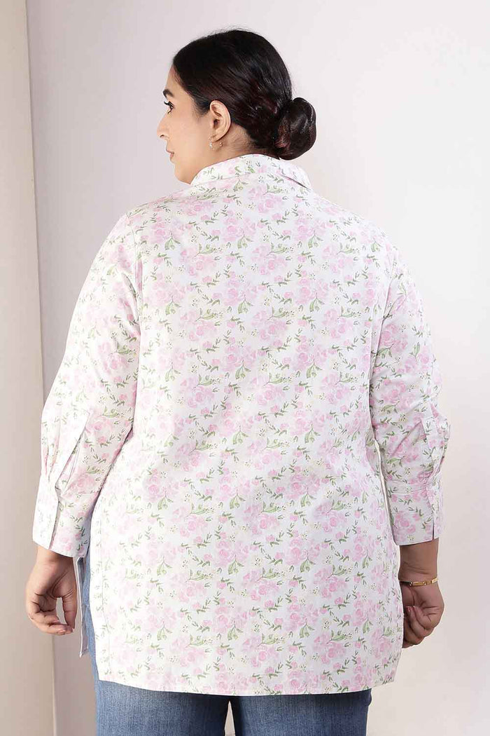 Plus Size Pink Floral High Slit Styled Cuff Cotton Shirt