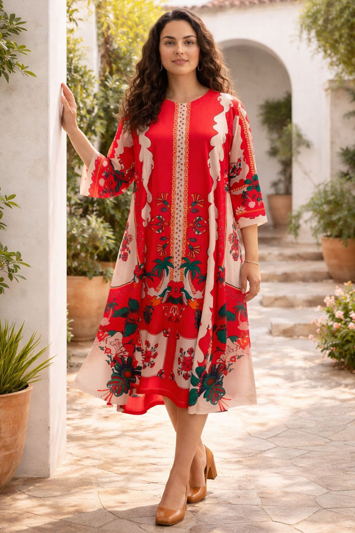 Plus Size Pink Floral Printed A-Line Dress